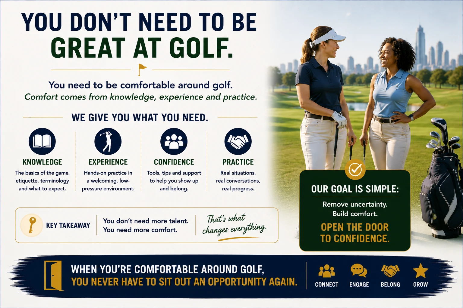 Comfort around golf: knowledge, experience, confidence, practice