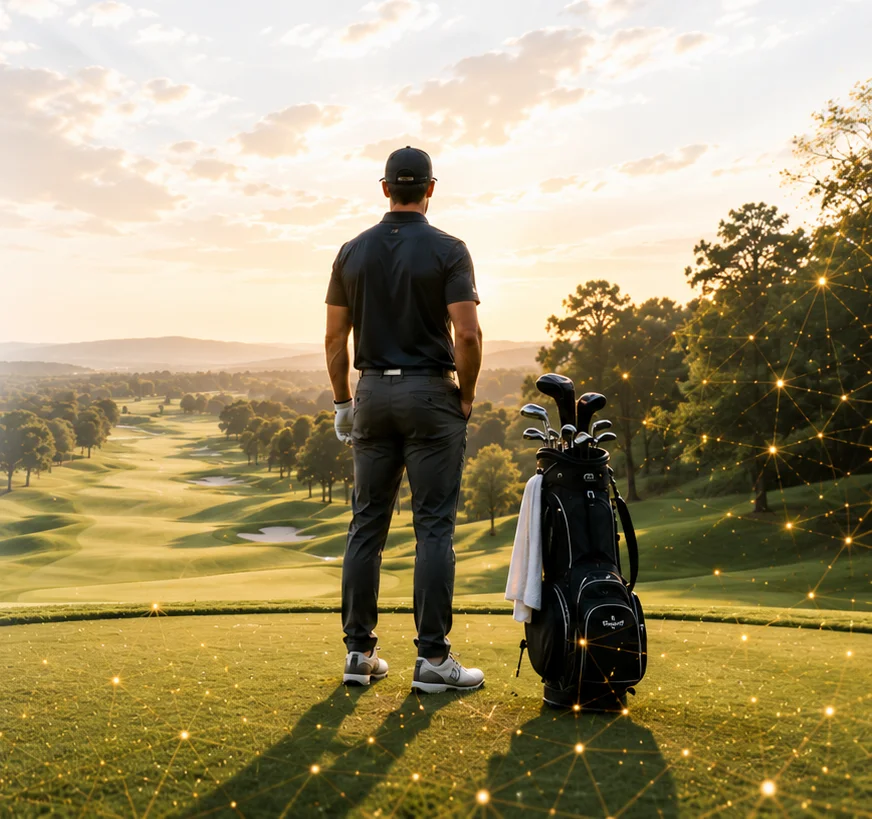Golfer overlooking a golden-hour fairway, constellation wiring underfoot